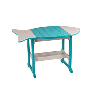 Fish shaped poly patio table in aruba blue and driftwood with slatted top, lower shelf and umbrella hole, 38 by 58 inches