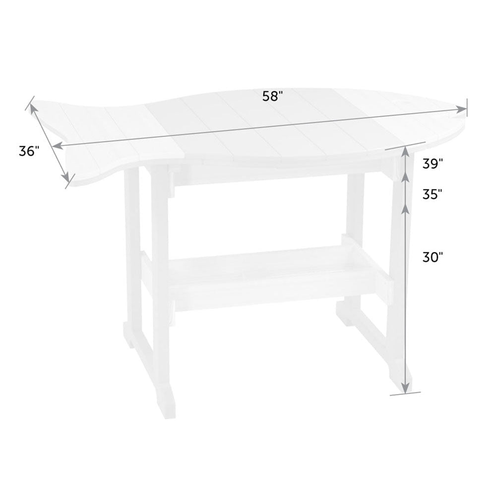 Dimension diagram of the fish shaped table: 58 inches long, 36 inches deep, with 30, 35 and 39 inch height options