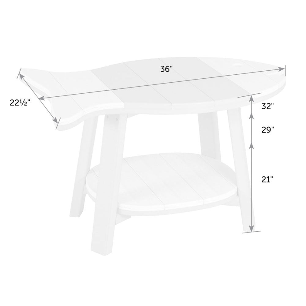 Dimension diagram of the fish shaped bistro side table: 36 inches long, 22.5 inches deep, at 21, 29 or 32 inch heights