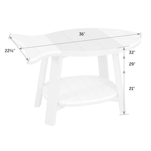 Dimension diagram of the fish shaped bistro side table: 36 inches long, 22.5 inches deep, at 21, 29 or 32 inch heights