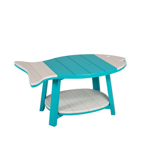 Aruba blue and driftwood fish shaped conversation coffee table with plank top, tail end and round lower shelf