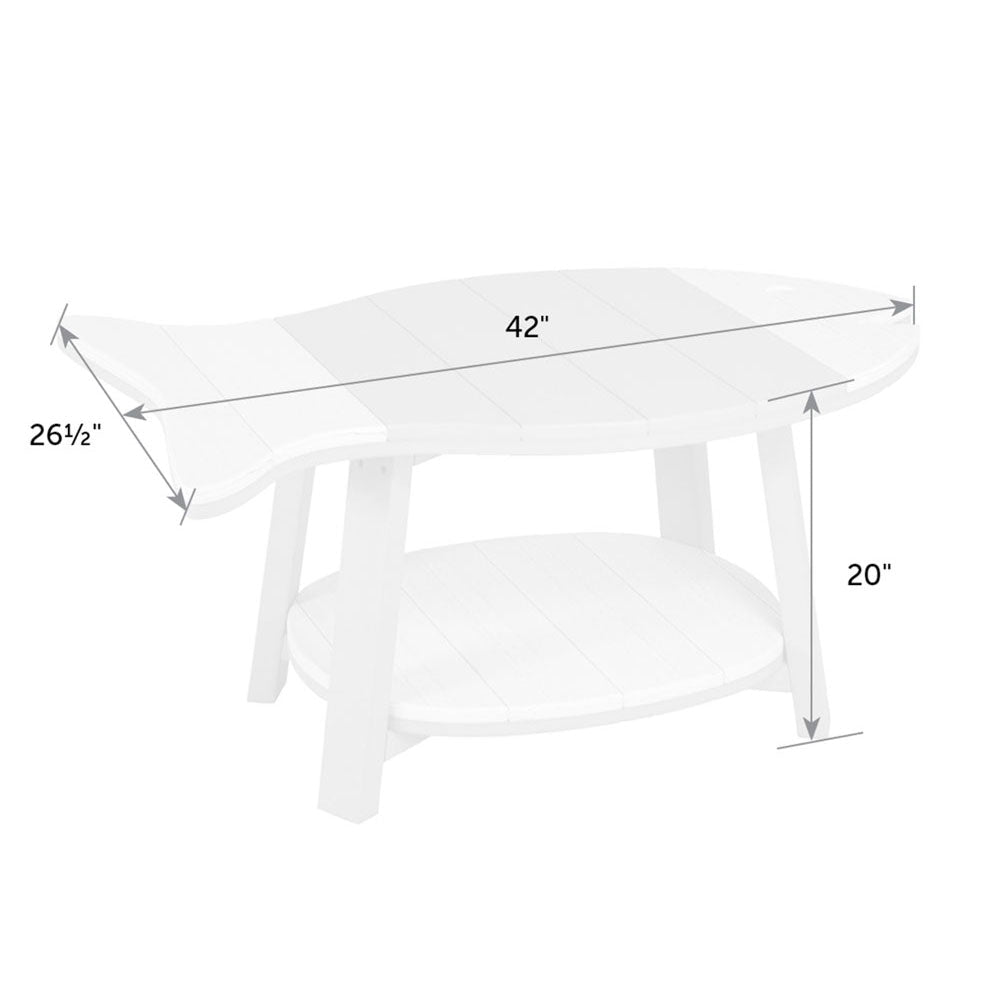 Dimension diagram of the fish shaped conversation coffee table: 42 inches long, 26.5 inches deep and 20 inches tall