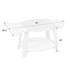 Dimension diagram of the fish shaped conversation coffee table: 42 inches long, 26.5 inches deep and 20 inches tall