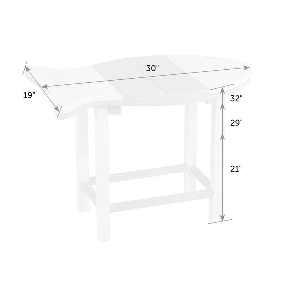 Dimension diagram of the fish shaped side table: 30 inches long by 19 inches deep with 21, 29 and 32 inch heights