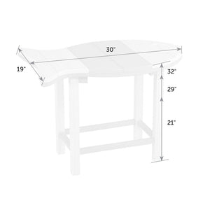 Dimension diagram of the fish shaped side table: 30 inches long by 19 inches deep with 21, 29 and 32 inch heights
