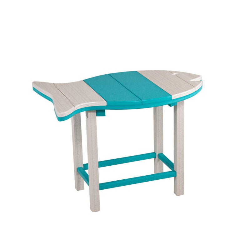 Compact fish shaped poly side table in driftwood and aruba blue with four square legs and turquoise stretchers