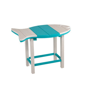 Compact fish shaped poly side table in driftwood and aruba blue with four square legs and turquoise stretchers