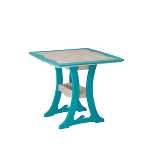 Square aruba blue and driftwood poly bar table with wave edged top, umbrella hole and curved trestle base