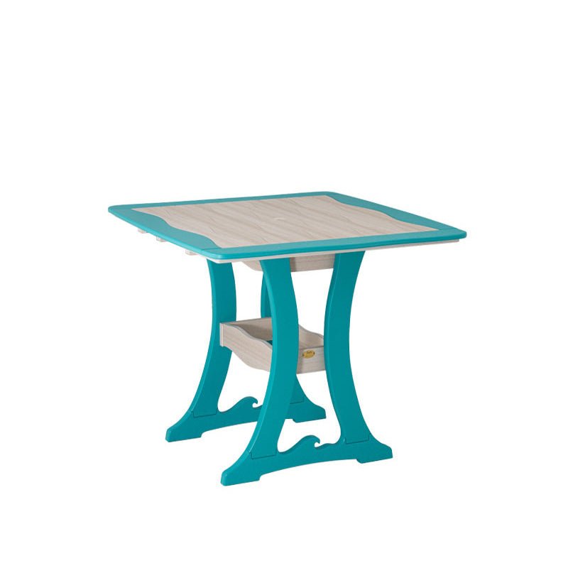 Counter height square poly table in aruba blue and driftwood with wave trimmed top and lower shelf