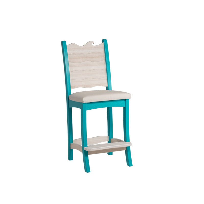 Teal poly bar chair with a wave crest driftwood back, cream cushioned seat and driftwood footrest