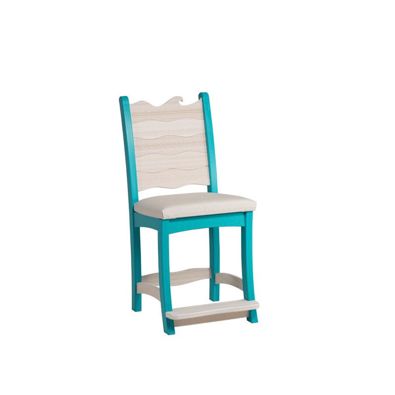 Cushioned counter height poly chair in aruba blue with wave shaped back panel and light tan seat cushion