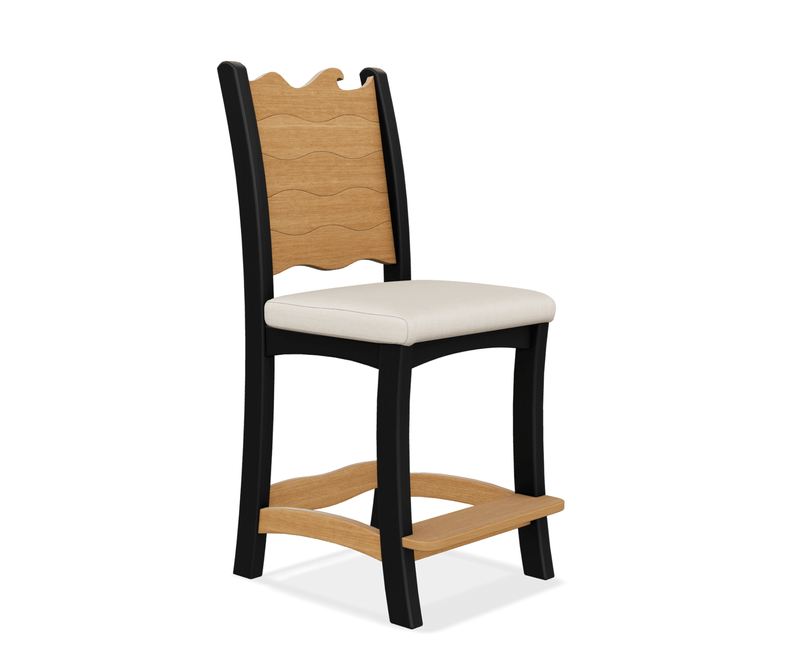 A 5-piece outdoor patio dining set with a square table and four chairs, featuring a black frame, natural wood slat backs and seats, and cream cushions, set on a stone patio overlooking a scenic lake.