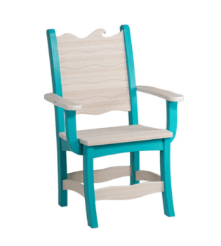 Teal poly dining arm chair with driftwood wave back, flat armrests and contoured seat