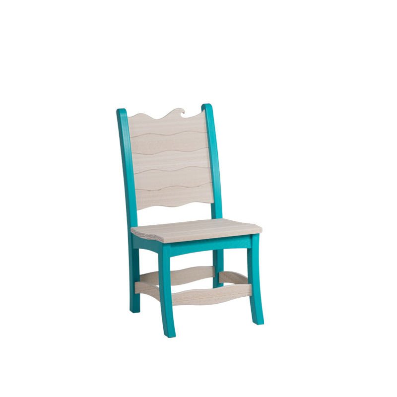 Aruba blue poly dining chair with a driftwood wave top back panel, shaped seat and curved stretchers