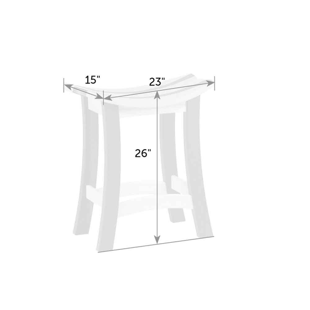 Dimension diagram of the counter height saddle stool: 23 inches wide, 15 inches deep, 26 inches to the seat