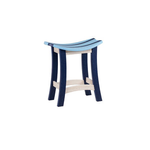 Navy poly saddle stool with a light blue striped curved seat and driftwood footrest on a white background