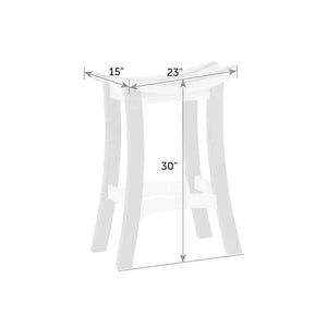 Dimension diagram of the bar height saddle stool: 23 by 15 inch curved seat at 30 inches tall