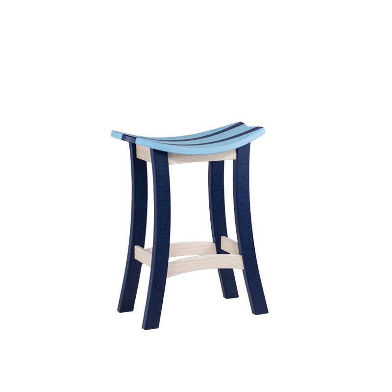 Navy poly saddle stool with light blue striped scoop seat, flared legs and driftwood footrest rails