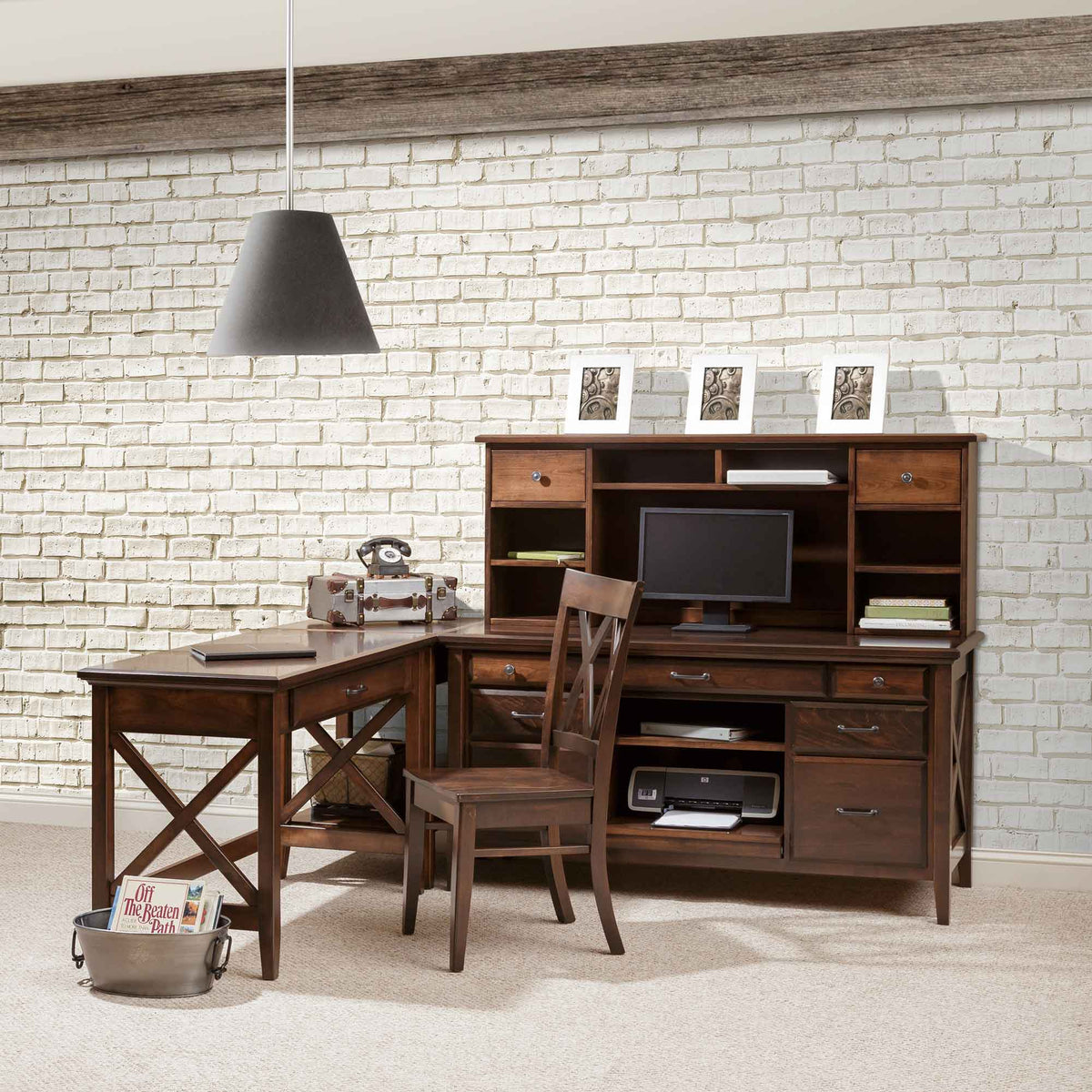 L shaped corner desk set in brown wood with X side panels, hutch, printer shelf and matching side chair