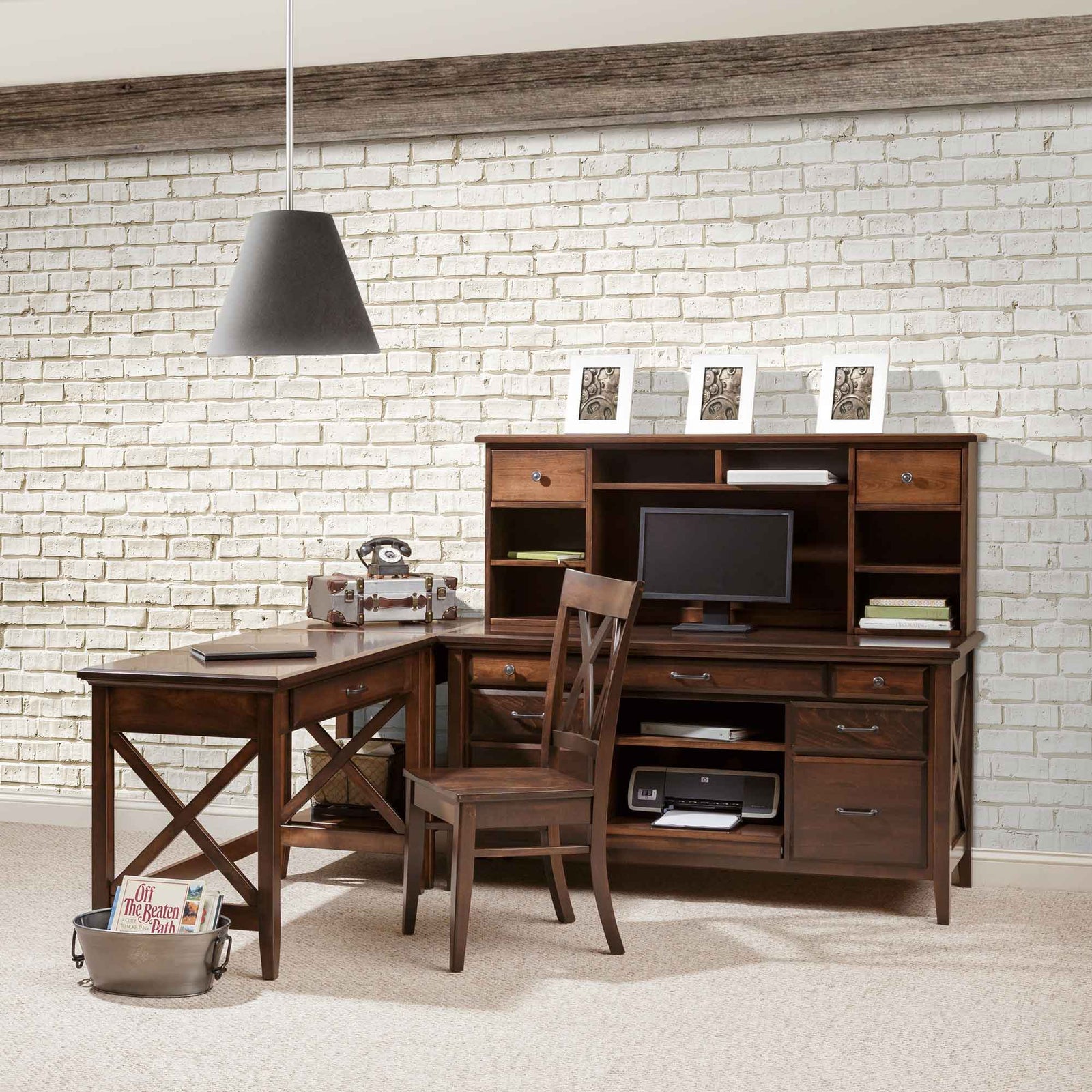 L shaped corner desk set in brown wood with X side panels, hutch, printer shelf and matching side chair