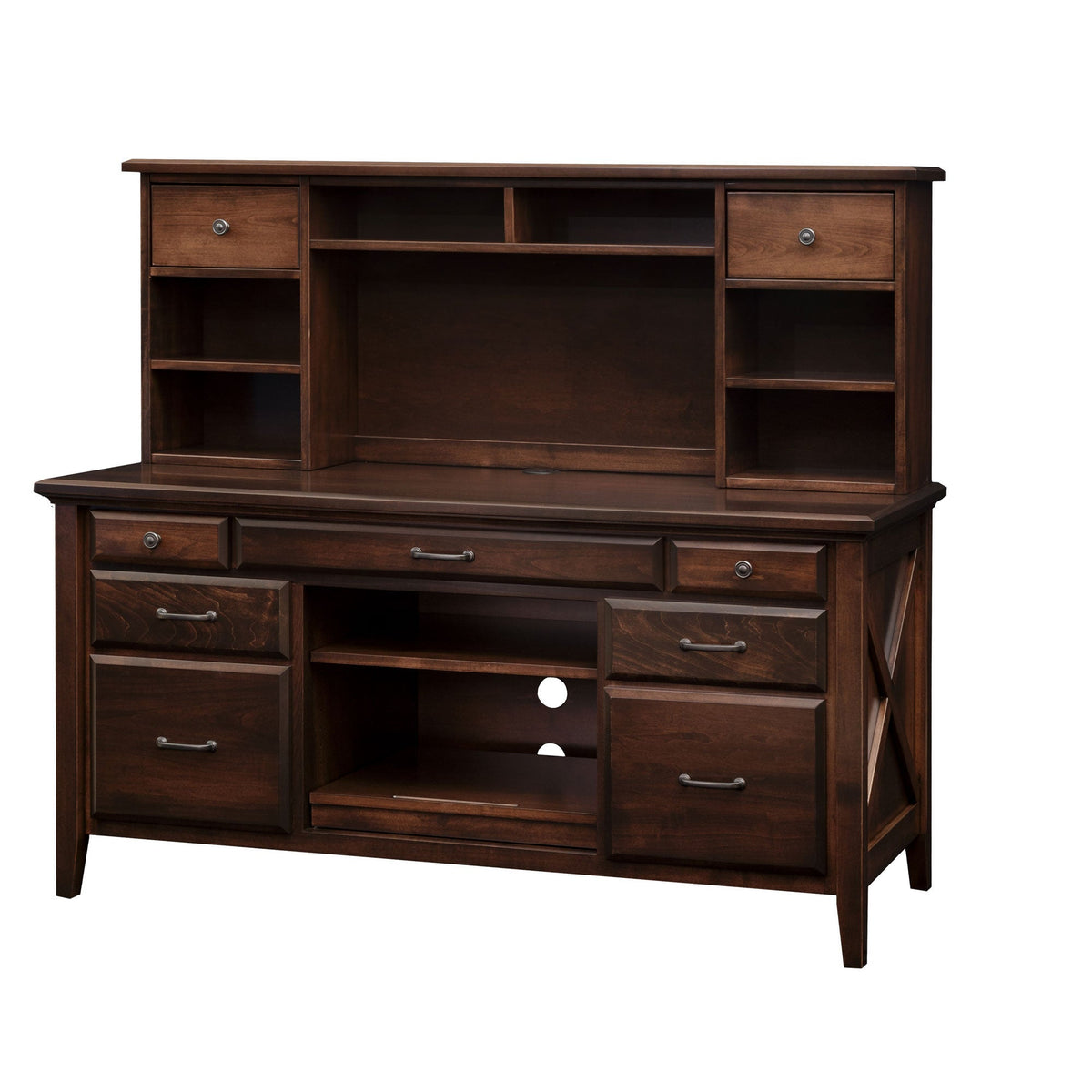 Large computer credenza with hutch in dark brown wood, five drawers, open printer bay and X side panels