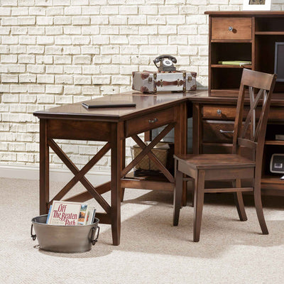 Corner table desk with a single drawer and X side panels, paired with a matching chair by white brick