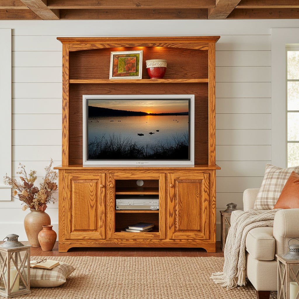 Oak TV cabinet with hutch, lighted display shelf above the TV, two panel doors and open media bay on a shiplap wall