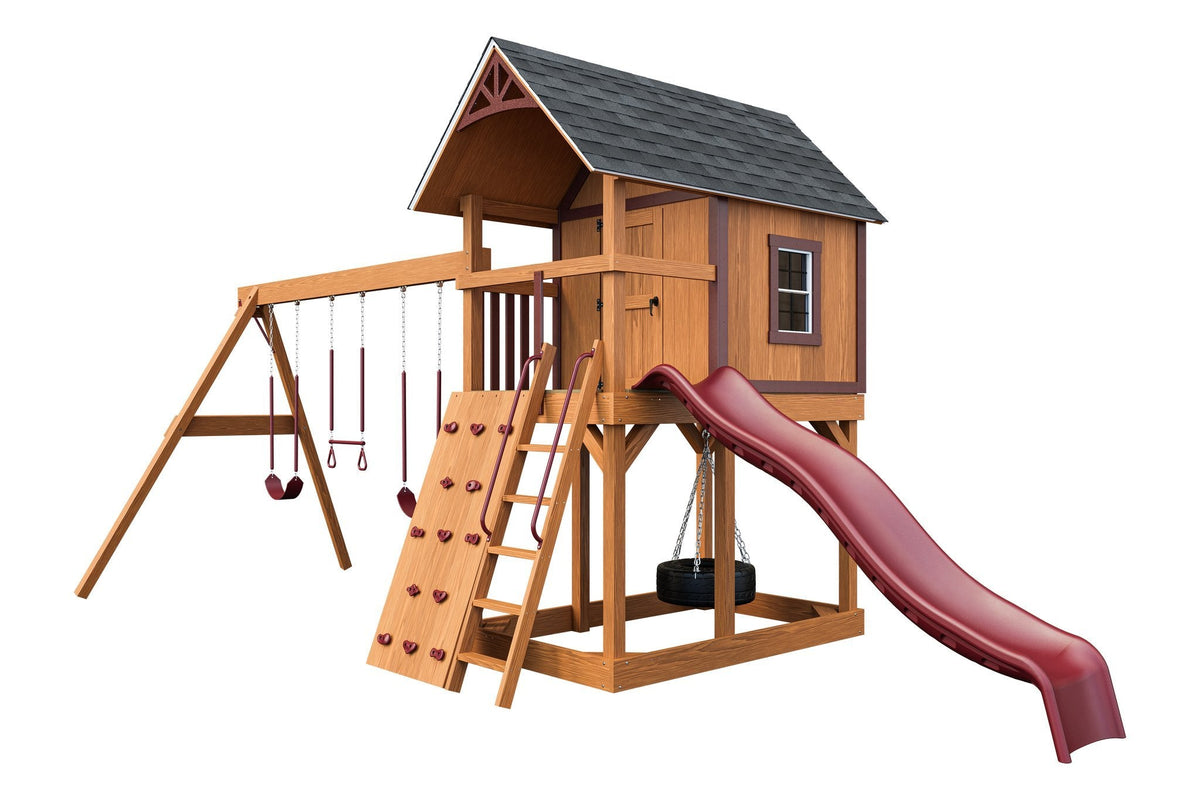 Amish Pocono Wooden Swing Set & Playset Kit – Layout 2, Canyon Brown with Red accents