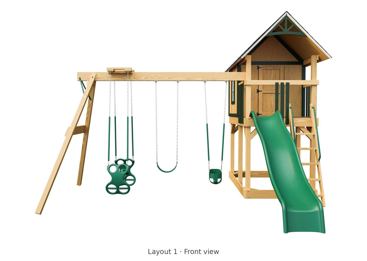 Amish Pocono Wooden Swing Set & Playset Kit – Layout 1, front view