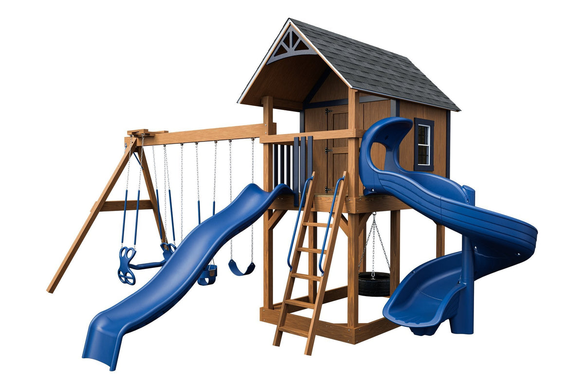 Amish Pocono Wooden Swing Set & Playset Kit – Layout 3, Sepia Brown with Blue accents