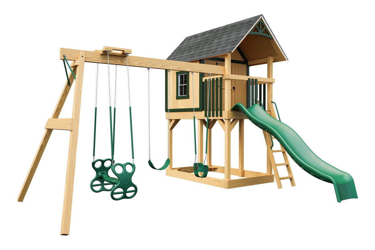 Amish Pocono Wooden Swing Set & Playset Kit – Layout 1, Unstained with Green accents