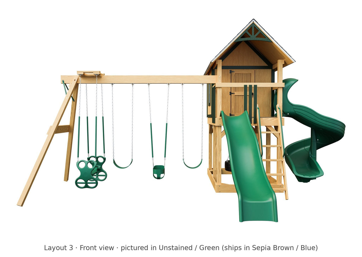 Amish Pocono Wooden Swing Set & Playset Kit – Layout 3, front view (shown in Unstained with Green accents)