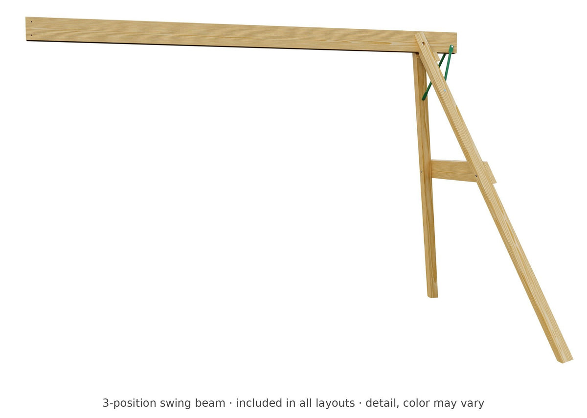 3-position swing beam detail – included in all layouts of the Pocono Wooden Swing Set & Playset Kit