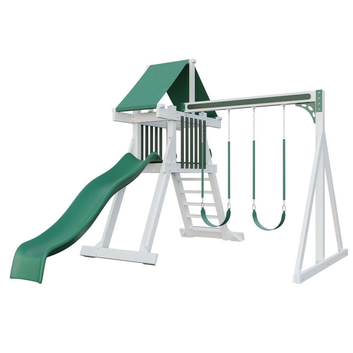 White vinyl playset with green roof, green wave slide, climbing ladder, two swings and a trapeze bar