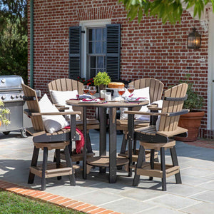 Weatherwood and black poly bar height dining set with four swivel Adirondack chairs on a patio by a brick house