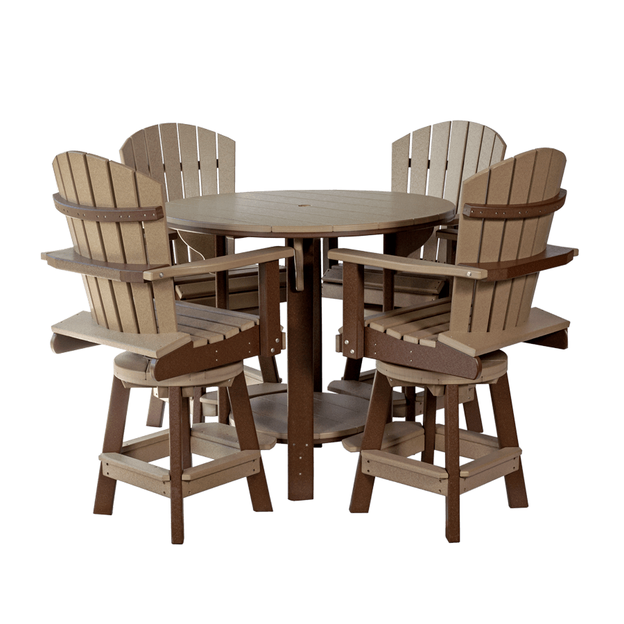Weatherwood and chestnut brown poly 42 inch round pub table with four swivel Adirondack bar chairs on a white background