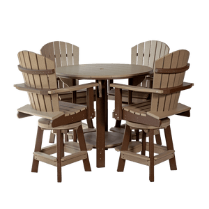 Weatherwood and chestnut brown poly 42 inch round pub table with four swivel Adirondack bar chairs on a white background