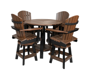 Antique mahogany and black recycled poly round bar table with four fan back swivel Adirondack bar stools on a white background