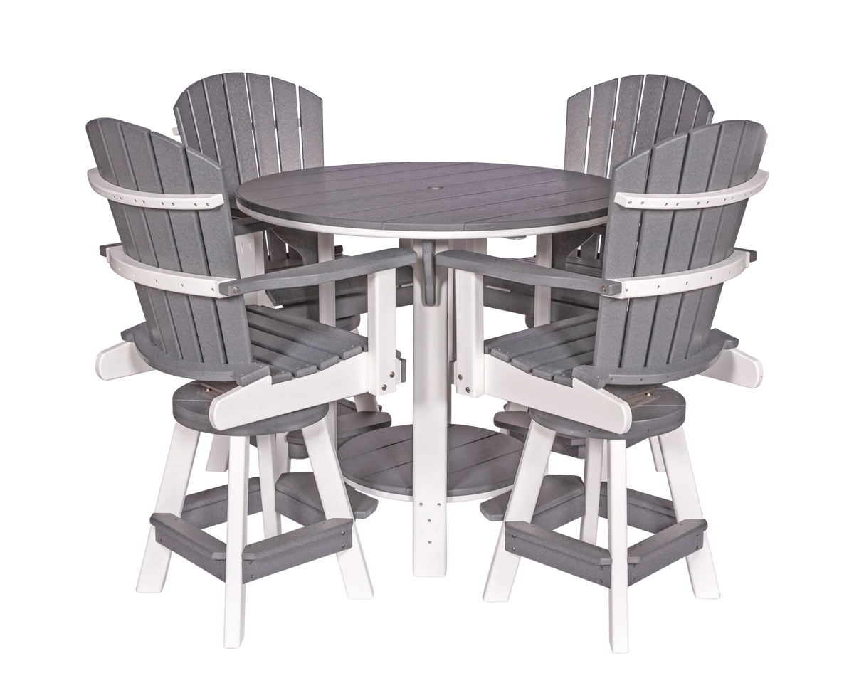 Two-tone gray and white 42 inch round poly bar table with four fan back swivel Adirondack bar stools on a white background