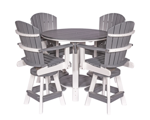 Two-tone gray and white 42 inch round poly bar table with four fan back swivel Adirondack bar stools on a white background
