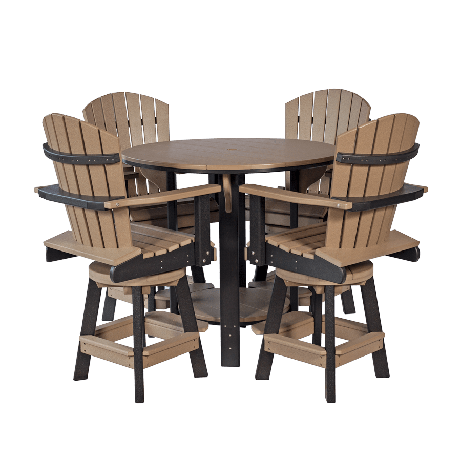 Weathered wood and black poly 42 inch round bar height patio table with four swivel Adirondack stools shown on white