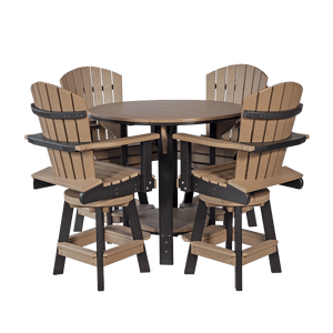 Weathered wood and black poly 42 inch round bar height patio table with four swivel Adirondack stools shown on white