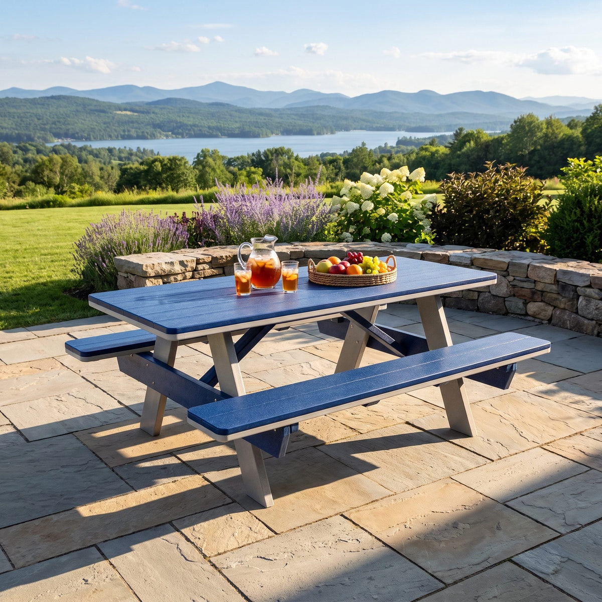 Amish poly 6' rectangle picnic table, light gray & patriot blue, stone patio