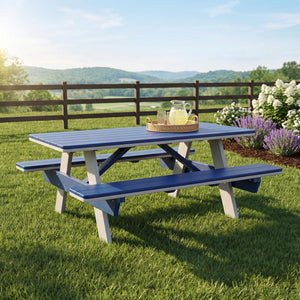 Amish poly 6' rectangle picnic table, light gray & patriot blue, lawn