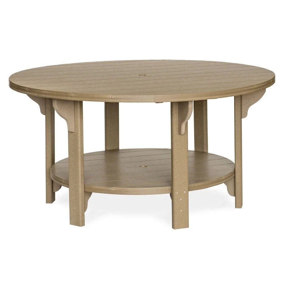 Weatherwood poly 60 inch round bistro patio dining table with umbrella hole and lower round shelf on white