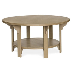 Weatherwood poly 60 inch round bistro patio dining table with umbrella hole and lower round shelf on white