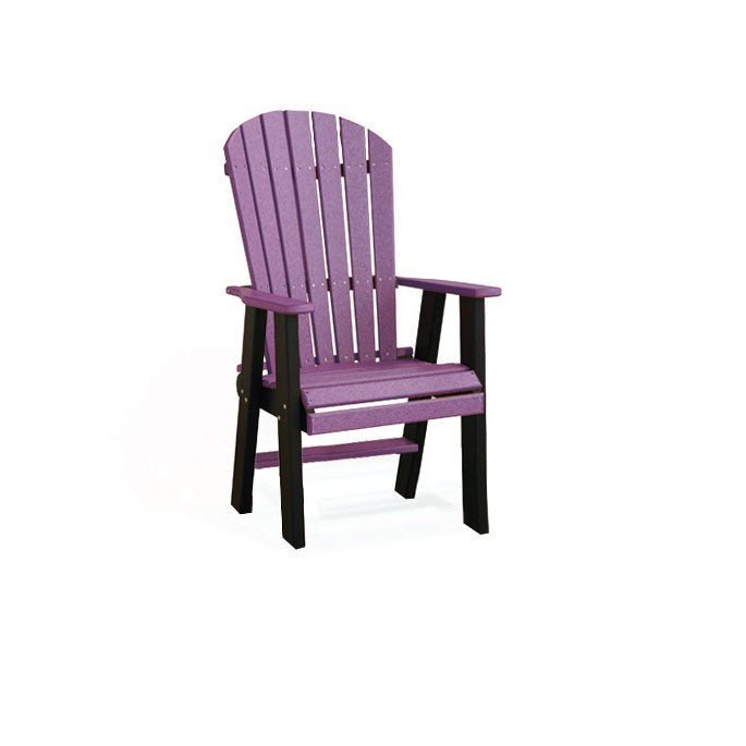 Purple and black poly fan back patio dining chair with wide arms and slatted contoured seat on a white background