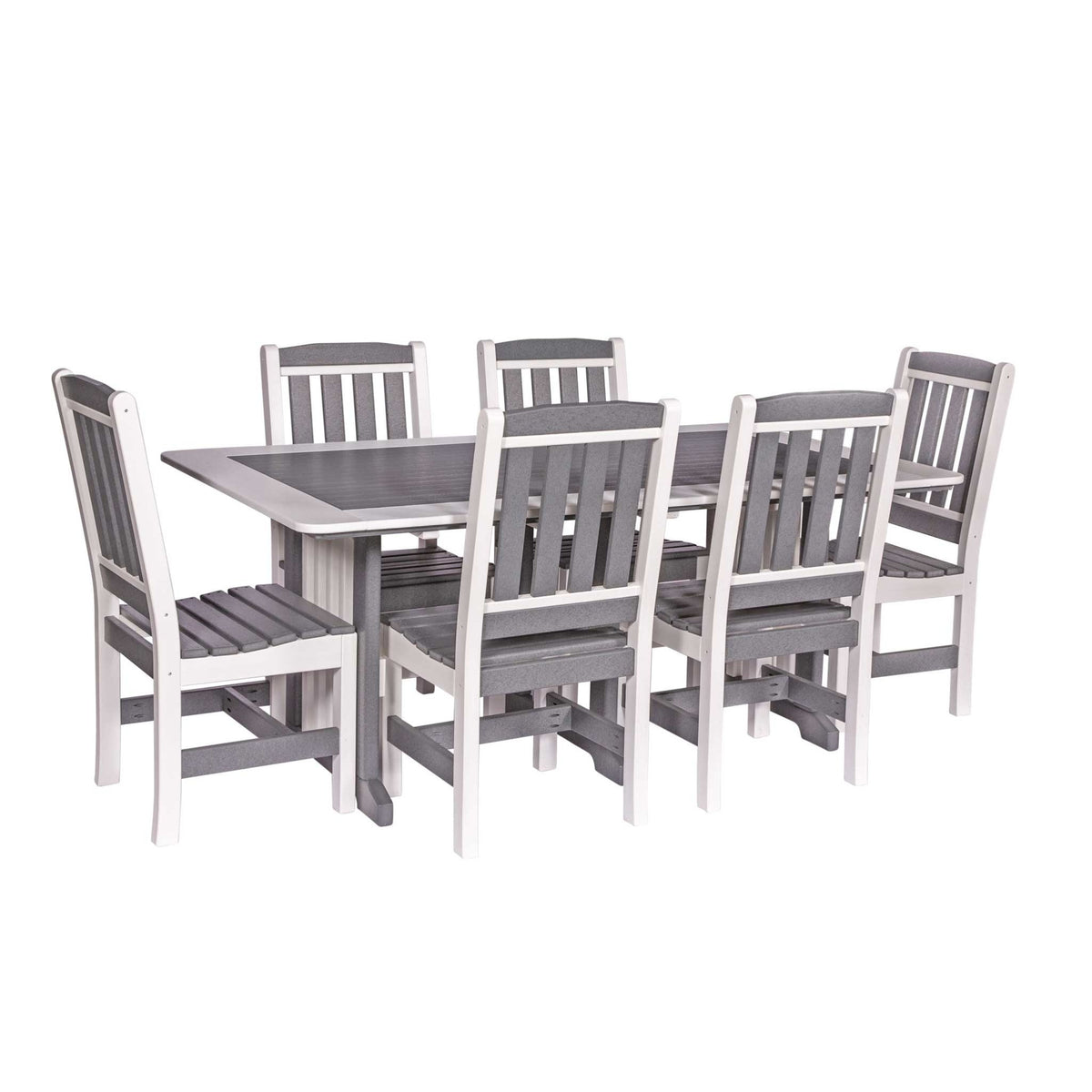 Gray and white poly English Garden rectangular patio dining table with six slat back chairs on a white background