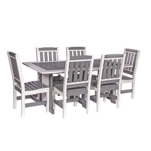 Gray and white poly English Garden rectangular patio dining table with six slat back chairs on a white background