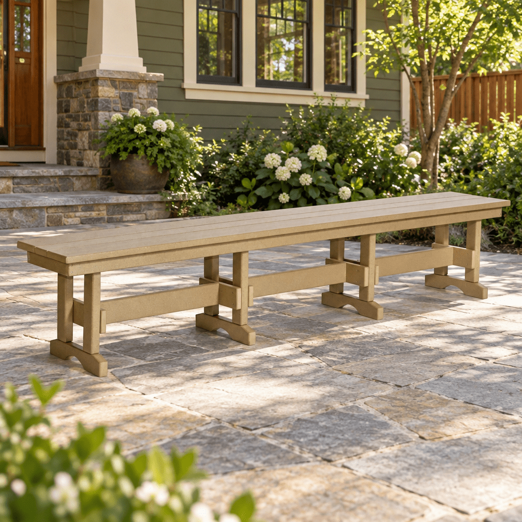 Amish Poly 8' Patio Dining Bench shown in the back patio of a craftsman bungalow home